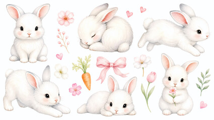 Fototapeta premium Watercolor white bunny clipart set. Cute baby rabbit collection for nursery decor. Isolated bunny illustrations with flowers and carrot