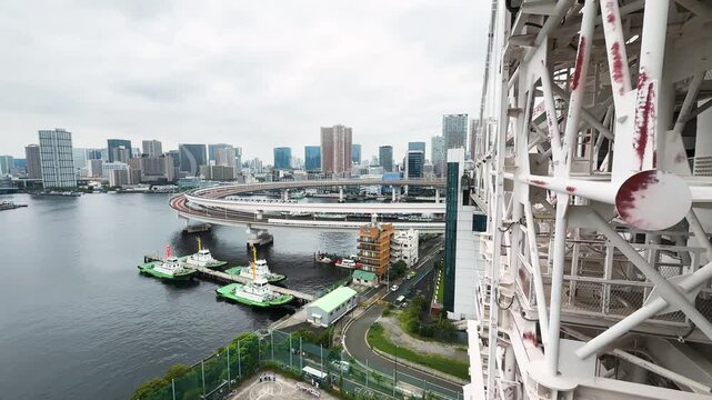 Shibaura Waterfront with Curved Highway and Harbor Boats in Tokyo