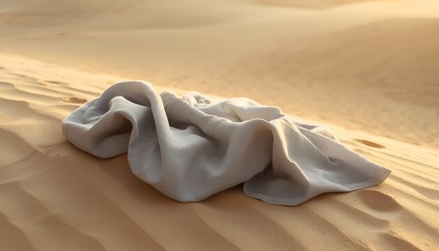Soft Gray Fabric Draped Over Sand Dune in Warm Golden Sunlight, Minimalist Desert Texture with Elegant Flowing Textile and Natural Shadows