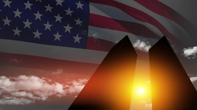 Silhouette of Towers and USA flag on background of black and white sky. 09.11.2001 American Patriot Day video. Video for social media and stories.