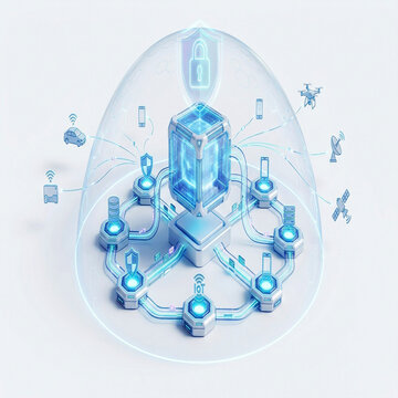 Digital data protection concept with glowing blue server core inside a secure shield dome