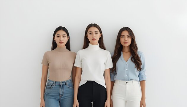 Three Women Posing in Studio Against White Background, Minimalist Group Portrait with Neutral Fashion, Realistic Photography and Professional Lighting