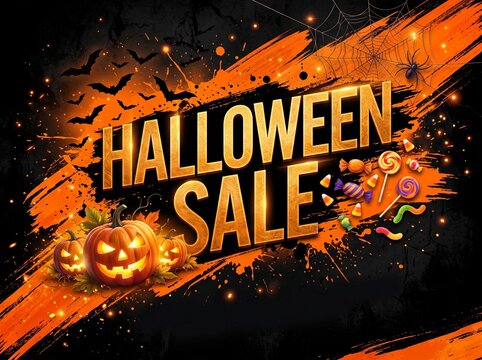 Dynamic Halloween Sale promotional banner featuring bold 3D typography, glowing carved jack-o'-lantern pumpkins, colorful candy, flying bats, and spider webs on dark orange grunge background.