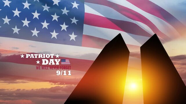 Silhouette of Towers and USA flag at sunset. 09.11.2001 American Patriot Day video. Video with inscription.