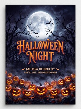 Spooky Halloween Night poster design featuring a massive glowing full moon, dark enchanted forest, bats silhouette, and numerous carved jack-o'-lantern pumpkins glowing on autumn ground.