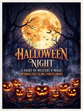 Halloween Night party flyer design featuring enchanted woods filled with glowing carved pumpkins, spooky forest, full moon silhouette, flying bats, and dark blue sky background layout.