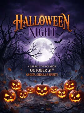 Spooky Halloween Night party poster template featuring glowing jack-o'-lantern pumpkins, dark creepy forest trees, flying bats silhouette, full moon, and purple night sky background illustration.