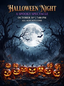 Spooky Halloween Night spectacle poster design with glowing jack-o'-lanterns, haunted forest trees, flying bats silhouette, full moon, and dark blue night atmosphere for event invitation.