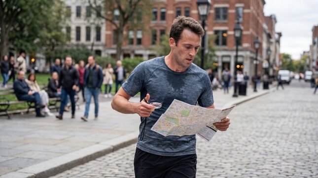 Man running while reading map in urban environment during orienteering race