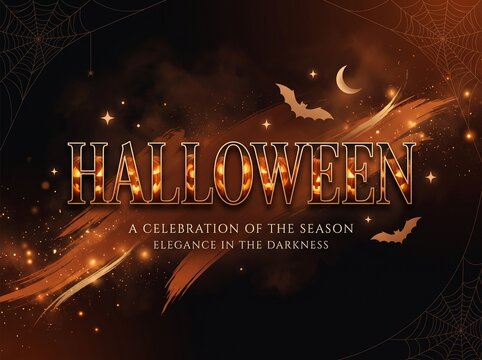 Elegant Halloween background banner design featuring gold typography text, glowing lights, orange brush strokes, crescent moon, flying bat silhouettes, and spider webs on dark luxury background.