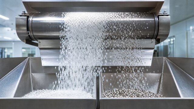 Pharmaceutical Pellet Production: Close-up of a high-tech industrial machine producing small, round white pellets, likely for pharmaceutical or nutraceutical applications.