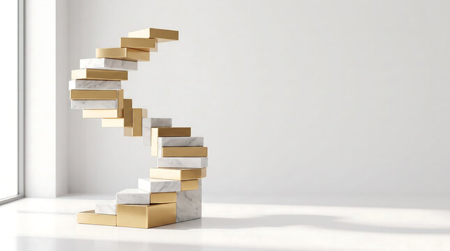 Minimalist spiral staircase of marble and gold blocks, abstract luxury steps in bright white room, conceptual growth and success sculpture