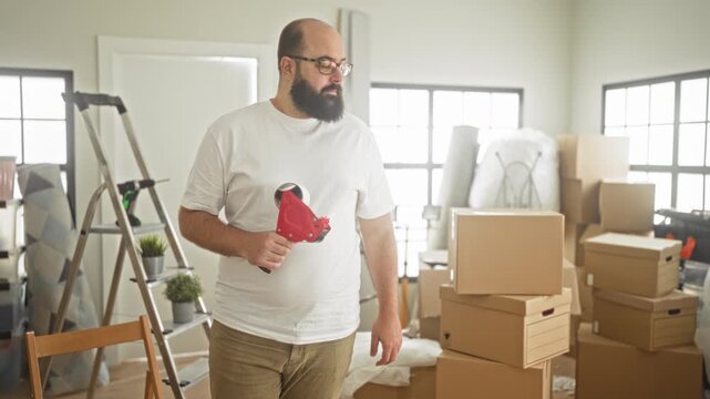 Man holding packing tape dispenser and making ok sign surrounded by cardboard boxes and ladder in building; moving day satisfaction.