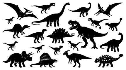 Obraz premium Dinosaur set with silhouettes featuring Tyrannosaurus, Brachiosaurus, Triceratops with Pterodactyl and Velociraptor