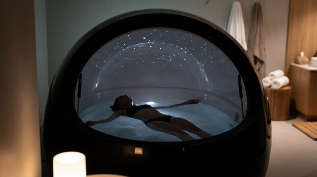 Woman relaxing in floatation therapy pod for stress relief and wellness