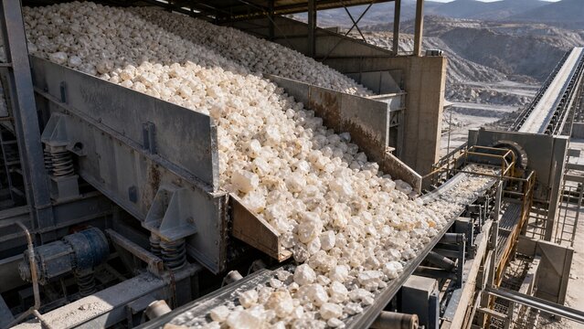 Bulk Material Conveyor Belt: A close-up view of a conveyor belt system transporting large quantities of raw material, likely at a processing plant or industrial site.