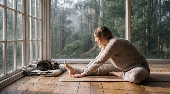 Woman doing morning stretching routine in bright room with cat relaxing nearby