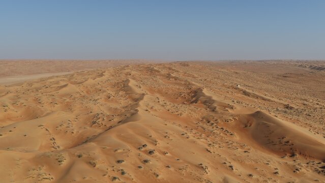Aerial view of the vast sand dunes of Wahiba Sands with sparse desert vegetation under a clear blue sky in Muscat, Muscat Governorate, Oman.