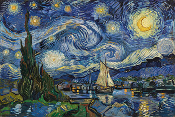 Obraz premium Swirling Night Sky Over Sailboat in Harbor Town, Post-Impressionist Oil Painting Style