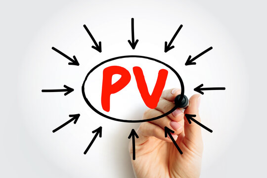 PV acronym for Photovoltaic technology used in solar energy systems. A hand draws a circle around the abbreviation to highlight renewable power solutions and sustainable electricity generation