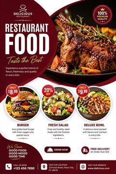 Restaurant food menu flyer template, gourmet grilled steak and burger promotion, fresh salad and bowl meal deals with prices