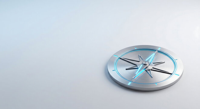 Futuristic silver compass with glowing blue light, metallic navigation tool for business strategy, modern directional icon on white background