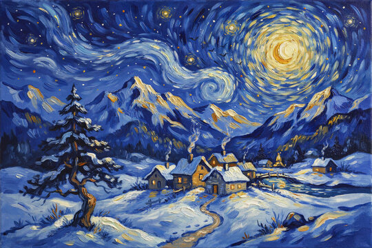 Swirling Golden Night Sky Over Snowy Alpine Village with Pine Tree, Post-Impressionist Oil Painting Style