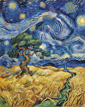 Swirling Night Sky Over Lone Tree in Golden Wheat Field, Post-Impressionist Oil Painting Style