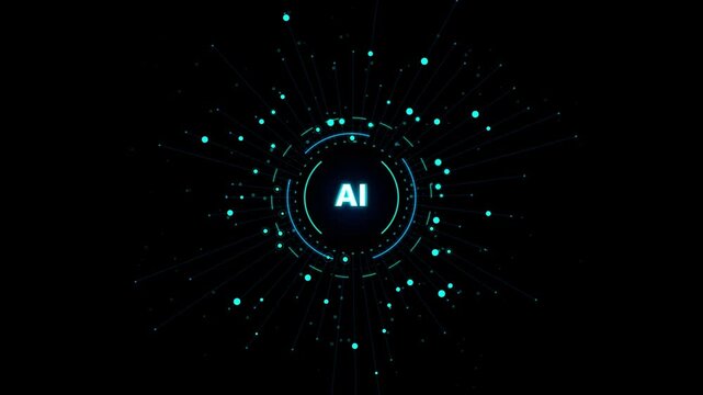 Dynamic digital cyber brain interface with radiating particles and central AI logo. Machine learning and future tech concept animation.