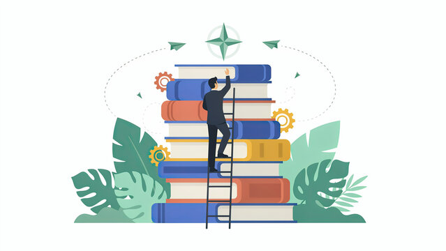Businessman climbing a ladder against a high stack of books representing academic success and knowledge