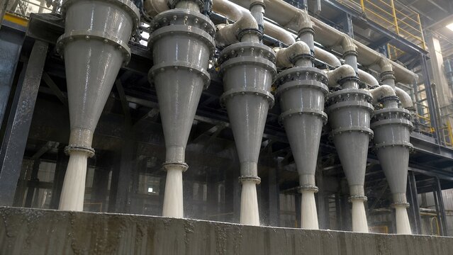 Industrial Cyclones in Operation: A row of industrial cyclone separators actively processing material in a manufacturing plant, showcasing advanced separation technology.