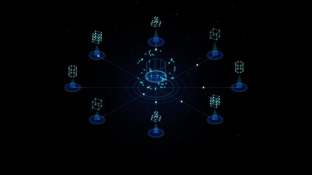 Seamless looping video of a futuristic data center core. Artificial intelligence mainframe connection and global internet server background.