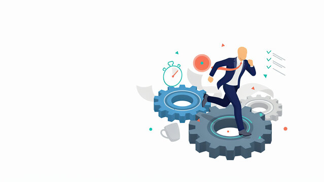 Businessman running over large spinning gears as a metaphor for career pressure and time management