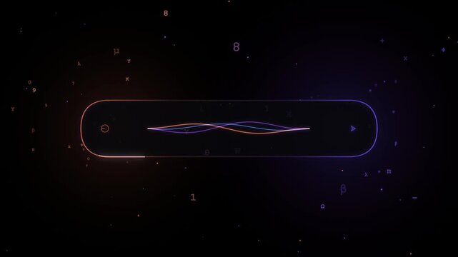 Seamless looping video of a futuristic AI voice recognition search box. Gradient colorful waveform and floating mathematical formulas in cyberspace.