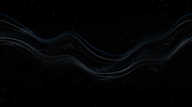 Seamless looping video of dark abstract wavy ribbons with tiny glowing nodes. Mysterious space fluid and dynamic particle flow background.