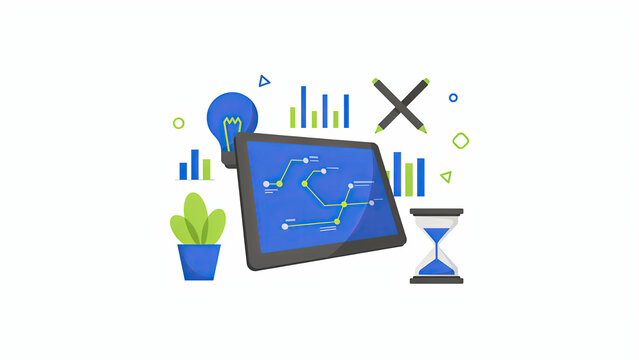 Digital tablet device with data charts and icons in a flat vector office workspace concept