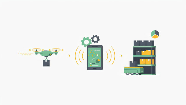 Flat illustration of drone delivery and smart warehouse automation process with smartphone control for industrial logistics