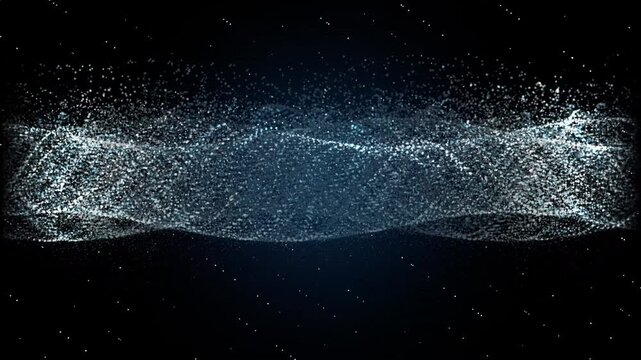 Seamless looping video of twisting silver and blue particle ribbons. Beautiful abstract starry night, milky way, and quantum physics concept background.