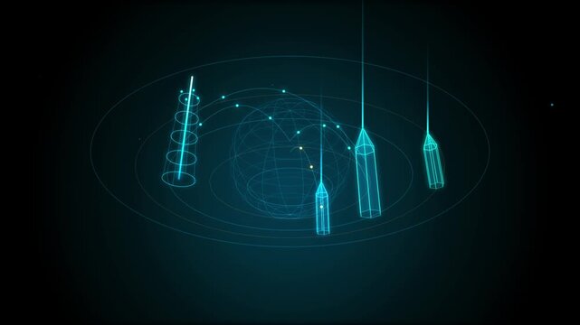 Dynamic 3D cyberspace Earth hologram with rotating orbit nodes and glowing particles. Telecommunication technology and internet concept background.