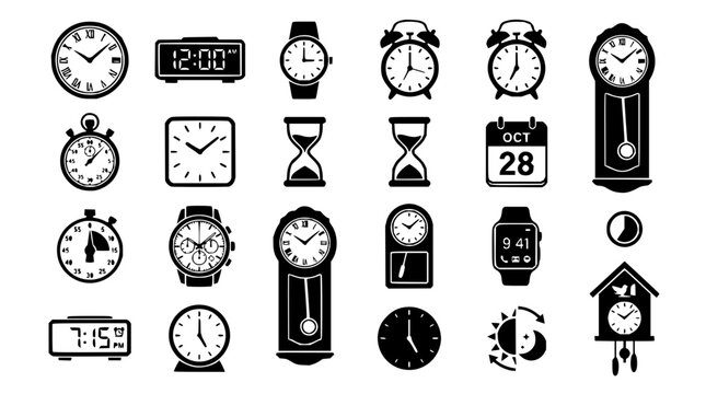 Clock set with various timekeeping devices featuring digital clock, grandfather clock, hourglass, cuckoo clock with wristwatch and alarm clock with stopwatch and sundial