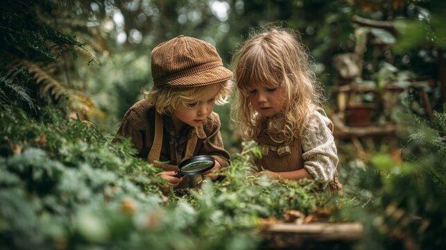 Two young children explore a forest setting with a magnifying glass against a blurred natural background.