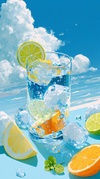 Refreshing citrus drink with ice against a bright blue sky