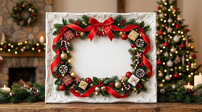 Decorative white vintage picture frame adorned with pine needles red ribbons ornaments and christmas gifts for holiday greetings