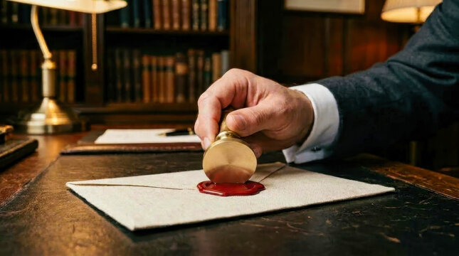 Notary stamping wax seal on official document in a classic office