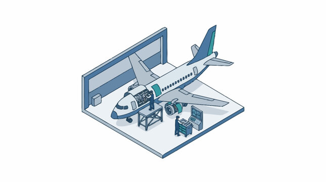 Isometric illustration of airplane maintenance and repair service in hangar.