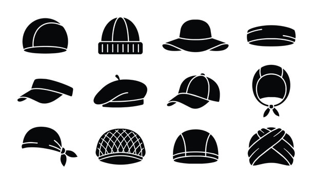 Diverse Headwear Collection, 12 Black Silhouette Icons for Fashion and Accessories, Vector Graphics for Style and Apparel Design