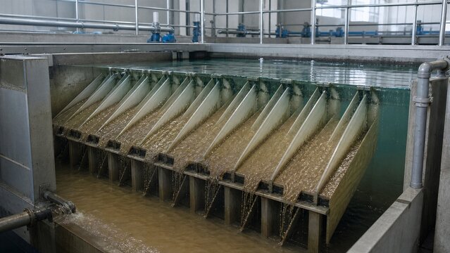 Water Treatment Facility: Industrial water clarification tank with settling paddles removing impurities, showcasing advanced water purification technology.