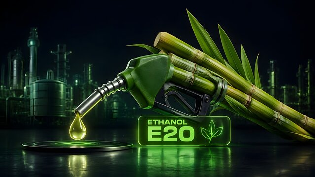 Ethanol E20 Renewable Biofuel Production Concept With Sugarcane
