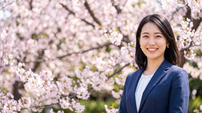 プロフィール写真をイメージした、春の桜木を背にして穏やかな笑顔をカメラに向けている、知的な印象の20代日本人女性社員のバストアップポートレート