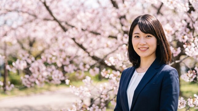 プロフィール写真をイメージした、春の桜木を背にして穏やかな笑顔をカメラに向けている、知的な印象の20代日本人女性社員のバストアップポートレート